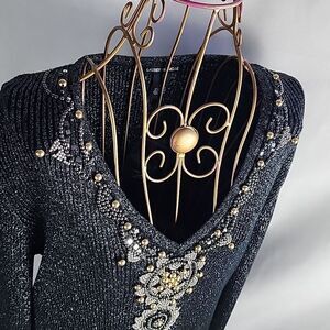 Metallic Beaded Sequin V Neck Sweater Size L